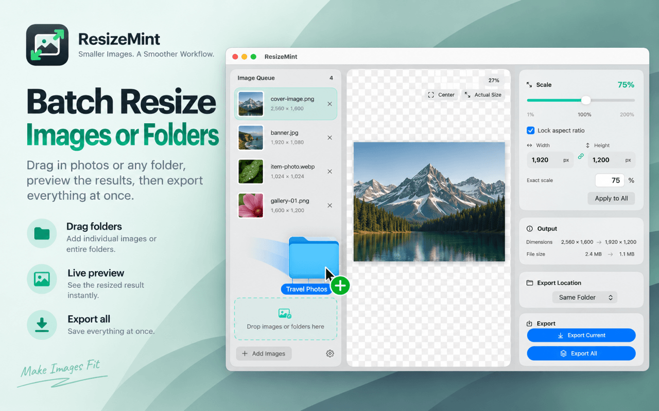 ResizeMint batch image queue, live preview, scaling controls, output details, and export actions