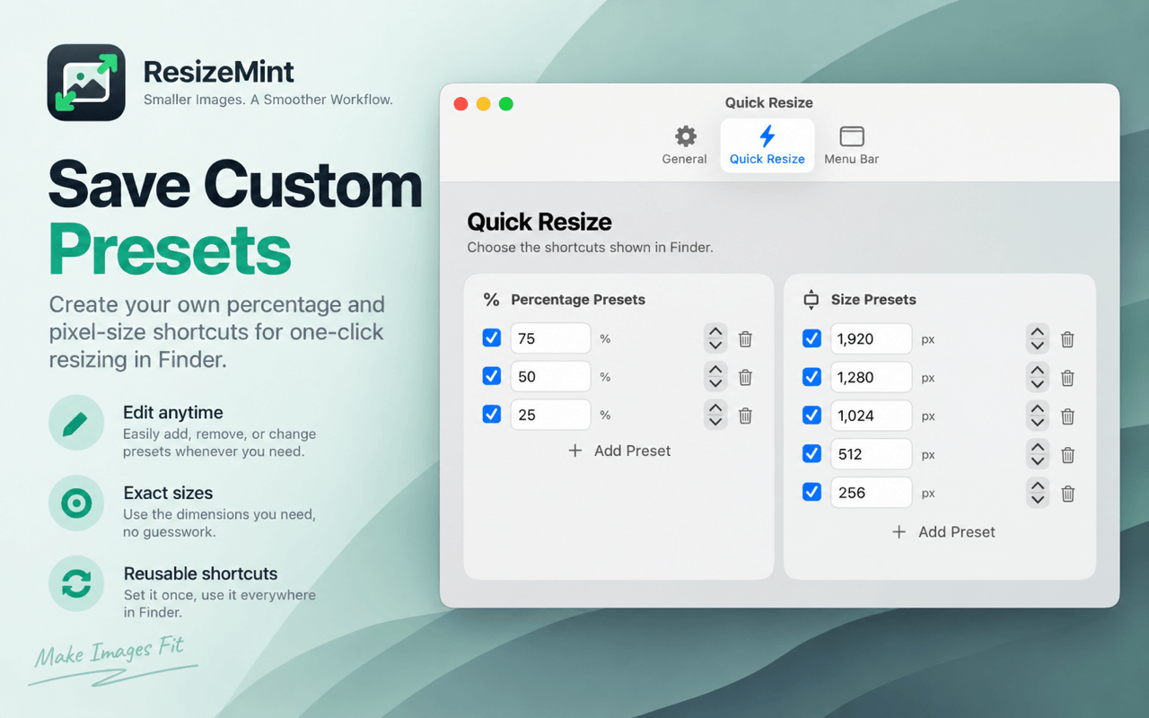 ResizeMint settings for custom percentage and pixel-size Finder presets