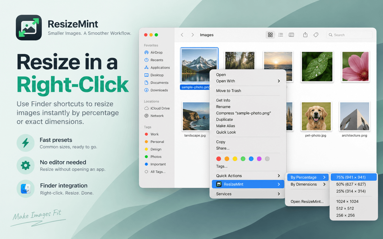 ResizeMint percentage and pixel-size shortcuts inside the Finder right-click menu