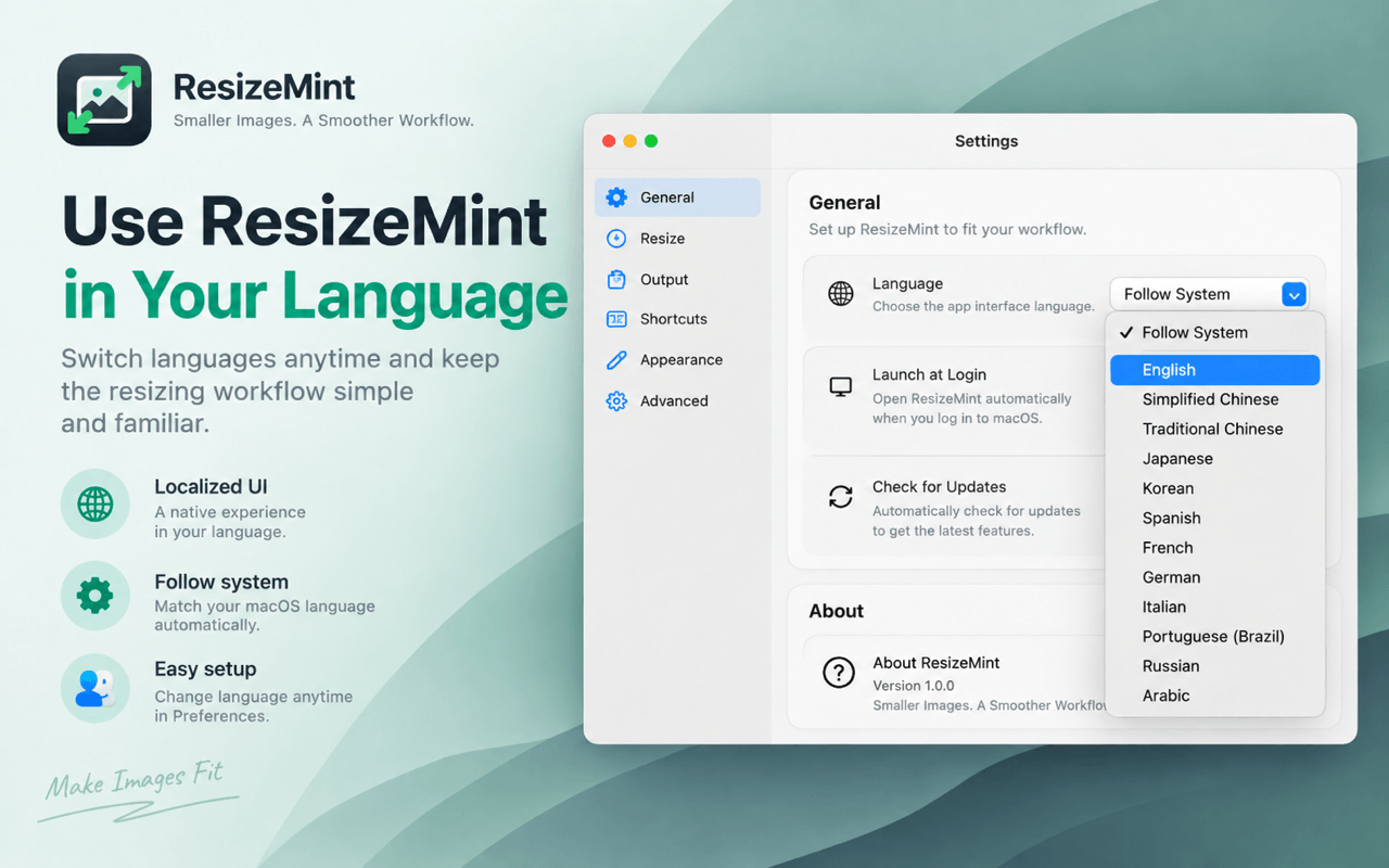 ResizeMint language menu with Follow System and 12 supported interface languages