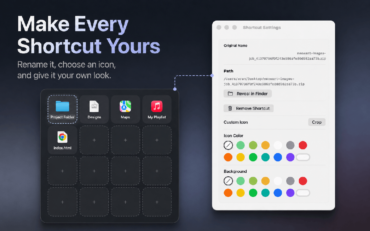 DockLoom shortcut settings for aliases, custom icons, icon colors, and backgrounds