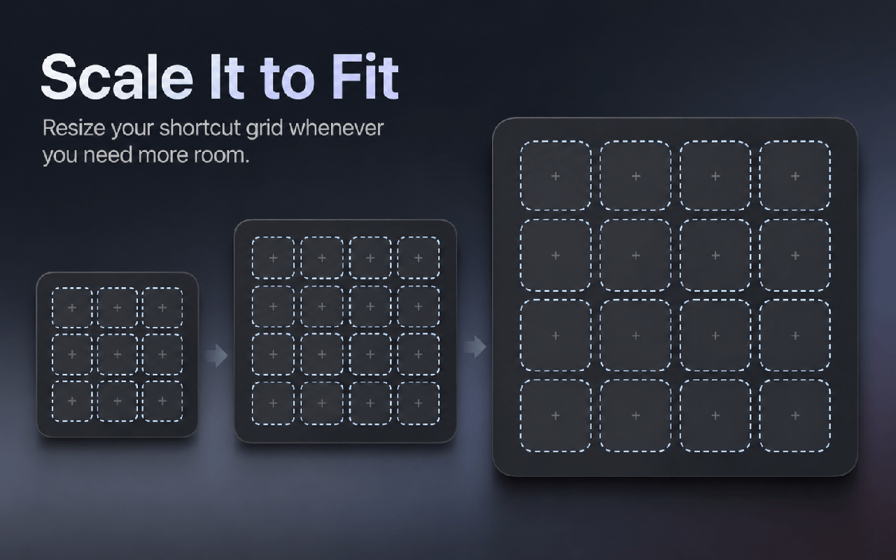 DockLoom shortcut grids displayed at three different window sizes