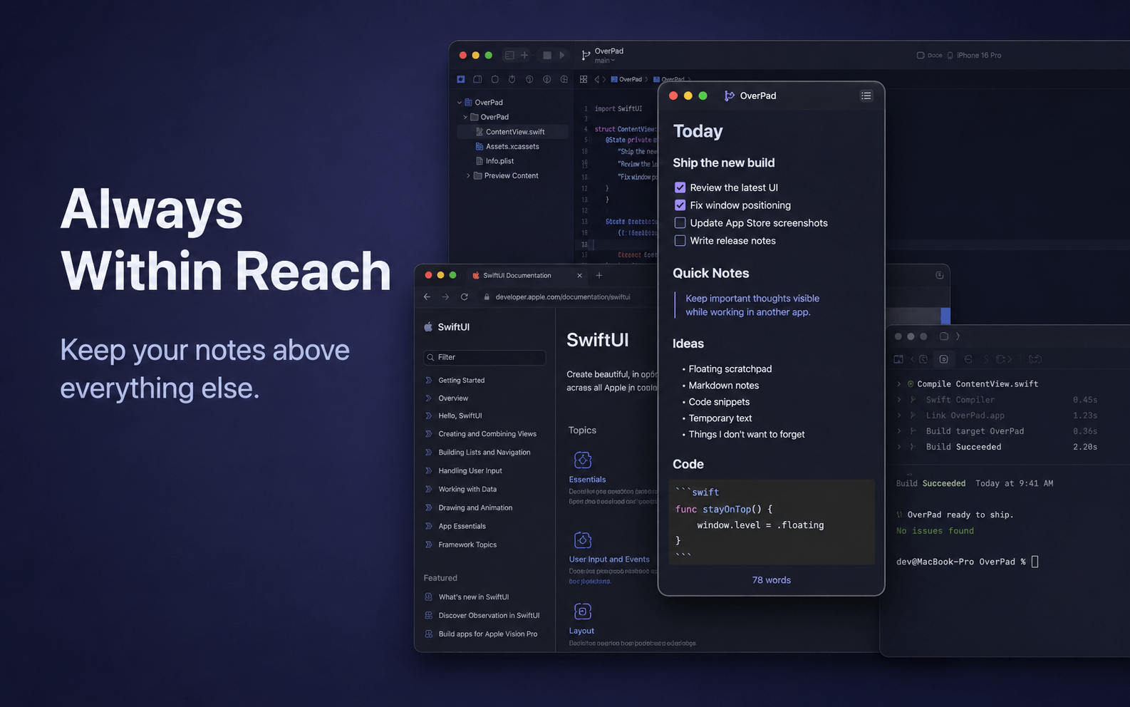 OverPad floating Markdown editor displayed above Xcode, Apple documentation, and a terminal