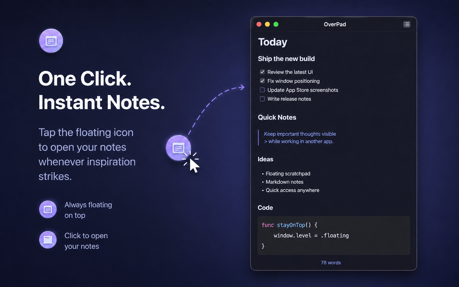 A click on the OverPad floating orb opening a Markdown note editor