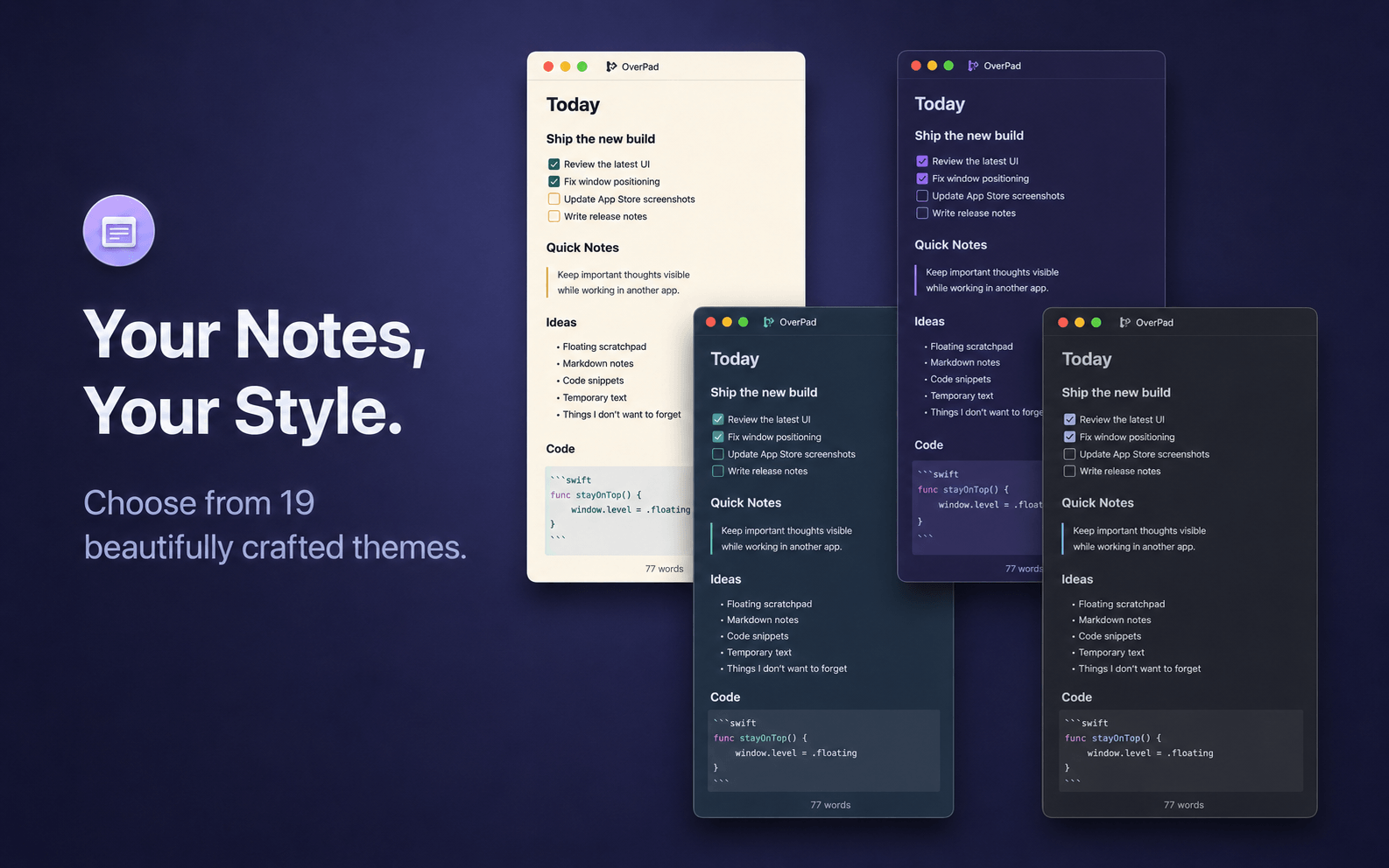 Four OverPad windows displaying light, purple, blue, and graphite themes